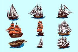 九個手繪風格的船/帆船矢量素材