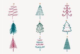 九棵涂鴉風格的圣誕樹矢量素材