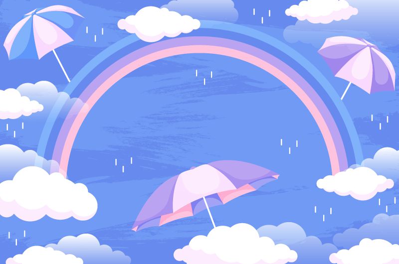 雨后彩虹和雨傘設計雨季背景矢量素材